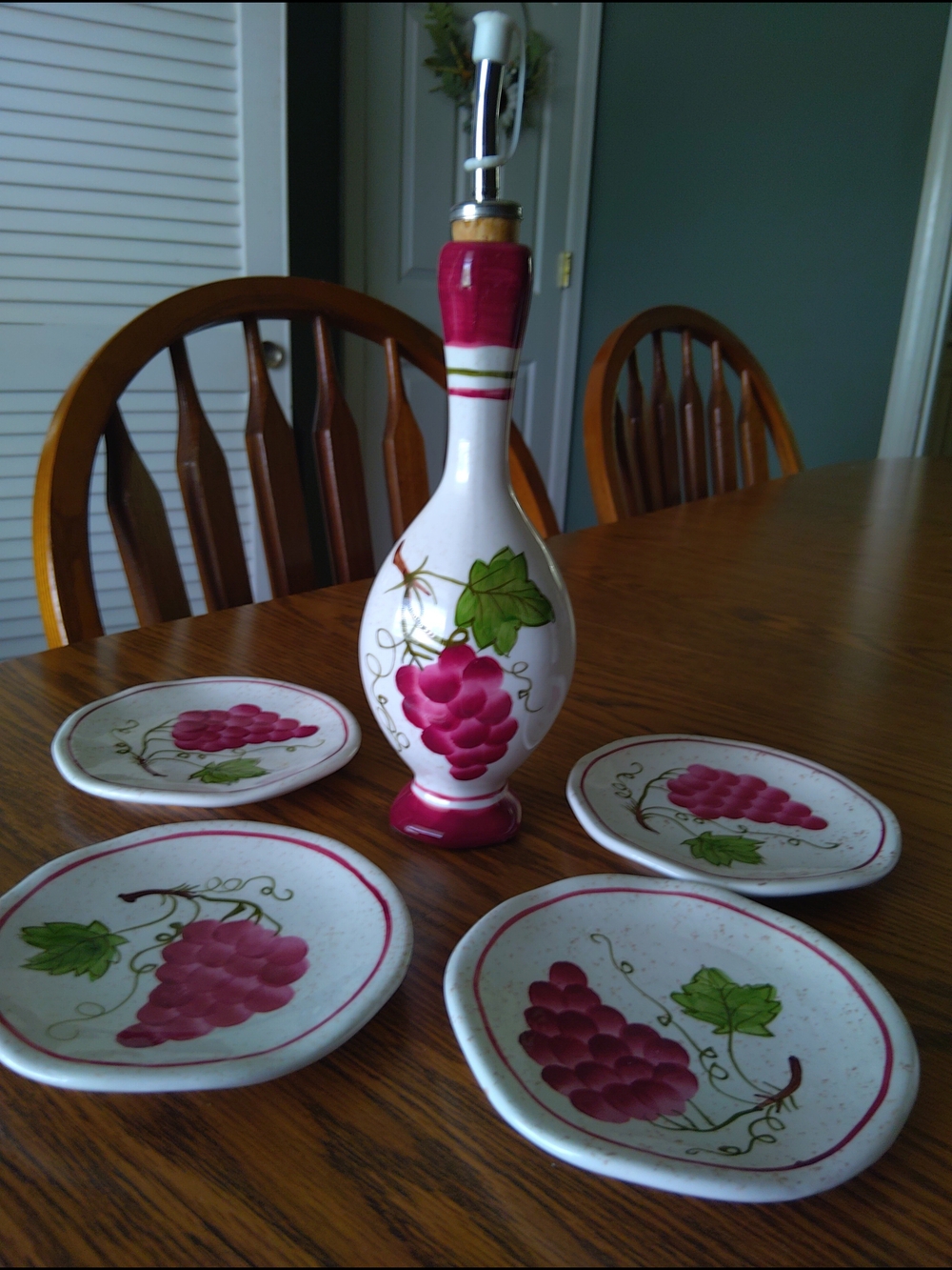 Vintage Hand-Painted Ceramic Grape Oil Cruet with Matching Coasters